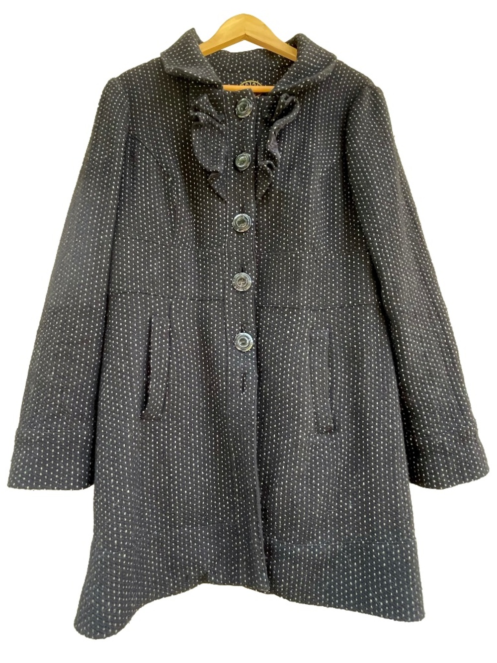 Anthropologie IDRA Black Polka Dot Wool Ruffle Coat Jacket Size Large